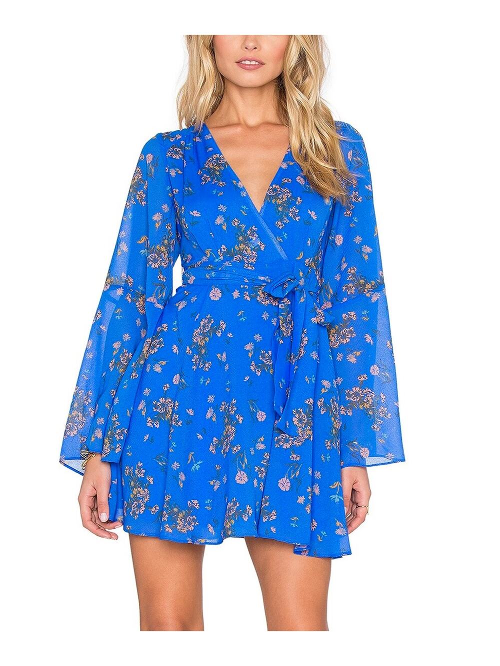 Free People Lilou Floral Wrap Mini Dress Cobalt Combo Bell Sleeve M